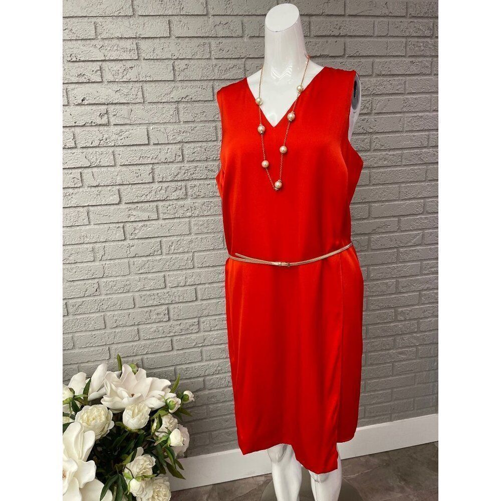 Pink Tartan Women V- Neck Faux Warp Belted Sleeveless Satin Shift Dress Size L